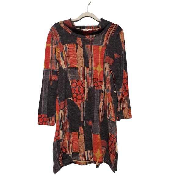 VIOLET RUBY Abstract Mock Neck Asymmetric Tunic Womens Large Artsy Lagenlook - Picture 1 of 13